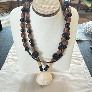 Beaded Shell Necklace Brown Black & Cream Colored Beads